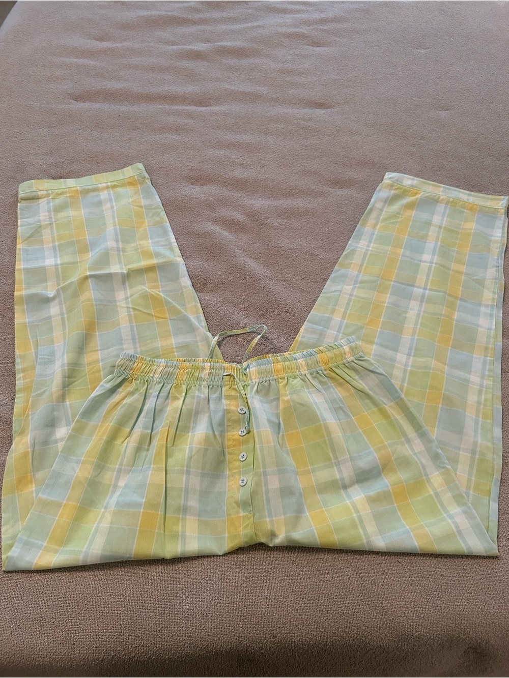 Women’s Plaid Pull-On Drawstring Pajama Bottoms in Yellow and Light Blue